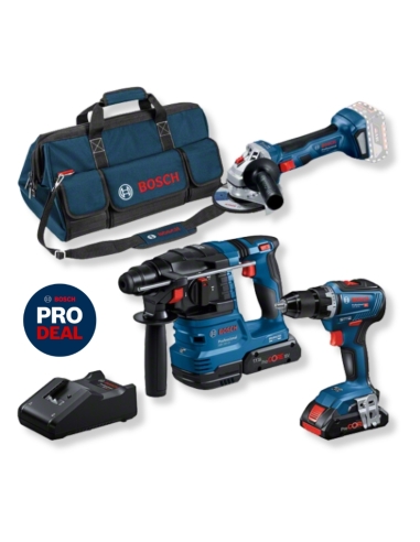 COMBO-KIT 3 OUTILS 18V GSR 18V-55 + GWS 18V-7 + GBH 18V-22 + 2 BATTERIES 4,0 AH (PC) + GAL 18V-40 (C) PROFESSIONAL - BOSCH